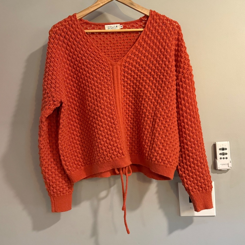 Molly Bracken Sweater Womens Medium Orange Popcorn Knit V-Neck Drawstring Hem
